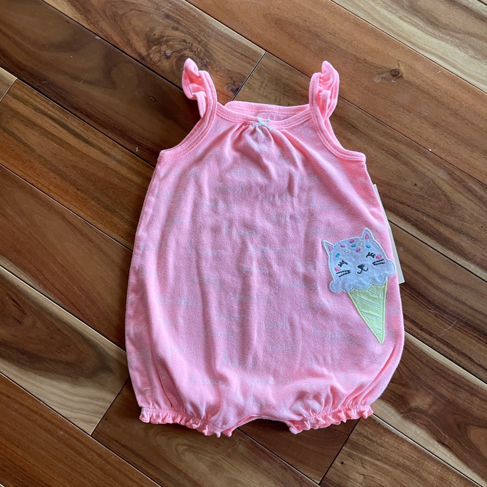 Pink Baby Romper with Cat Ice Cream Patch